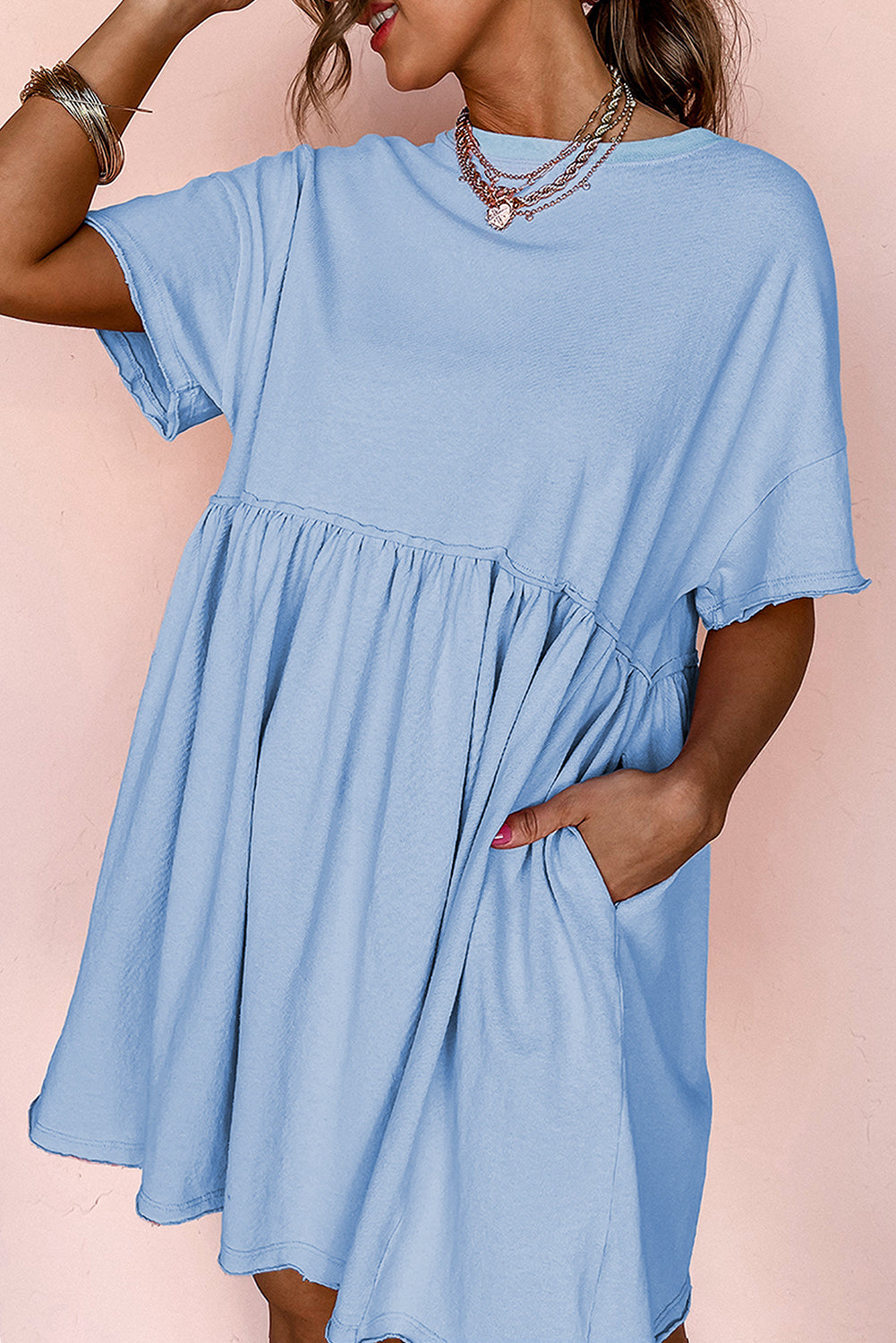 Moonlight Jade Solid Color Pocketed Raw Edge Babydoll Dress