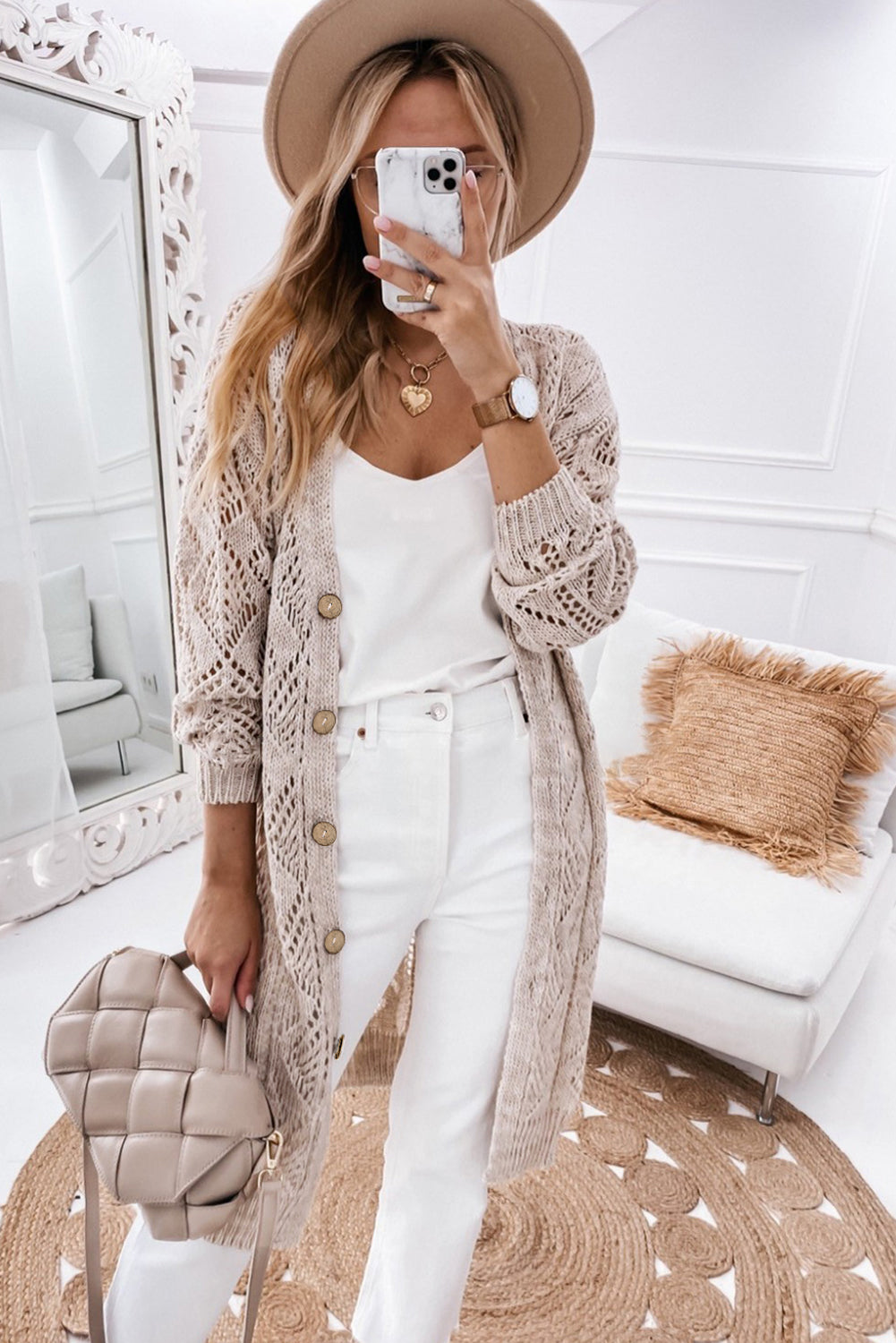 White Hollow-out Openwork Knit Cardigan