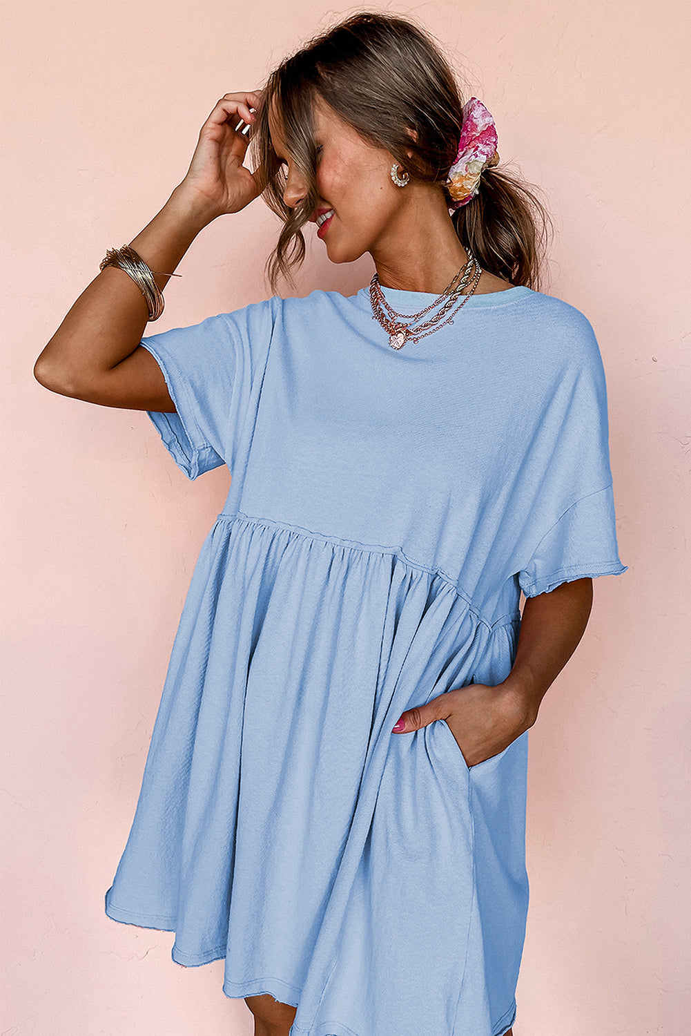 Moonlight Jade Solid Color Pocketed Raw Edge Babydoll Dress