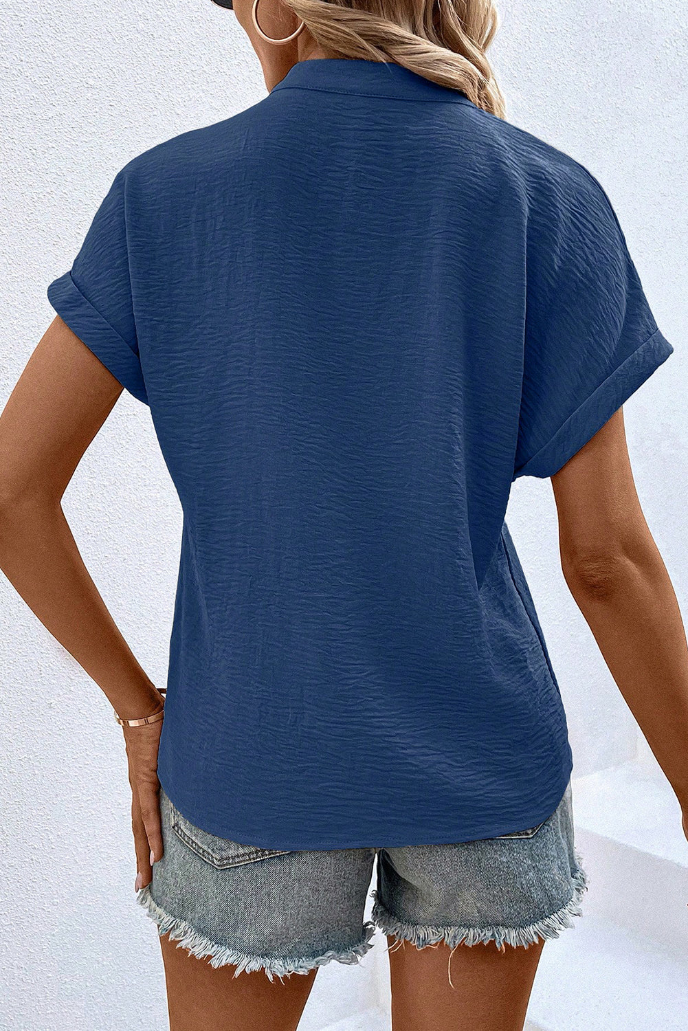Sail Blue Notched Neck Batwing Sleeve Blouse