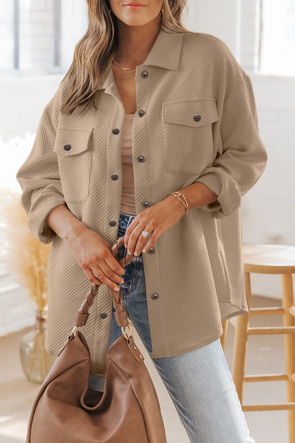 Gray Solid Textured Flap Pocket Buttoned Shacket