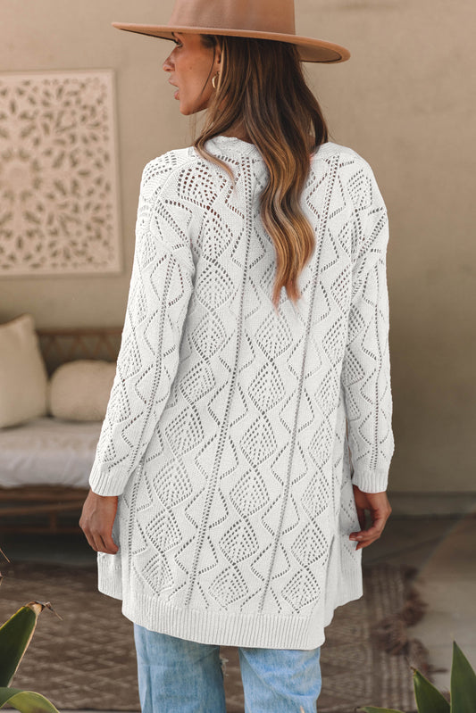White Hollow-out Openwork Knit Cardigan