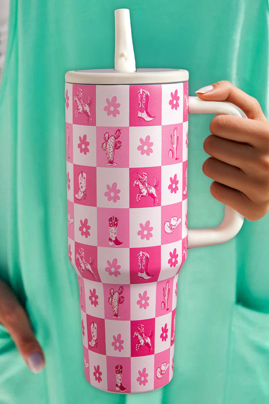 Rose Red Floral Checkered Tumbler Cup