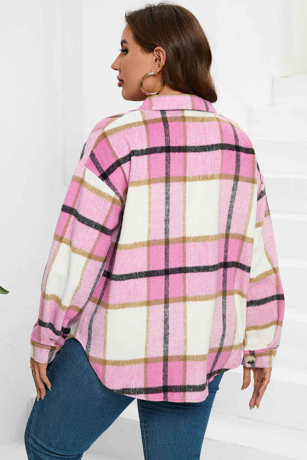 Khaki Plaid Color Block Buttoned Long Sleeve Jacket with Pocket
