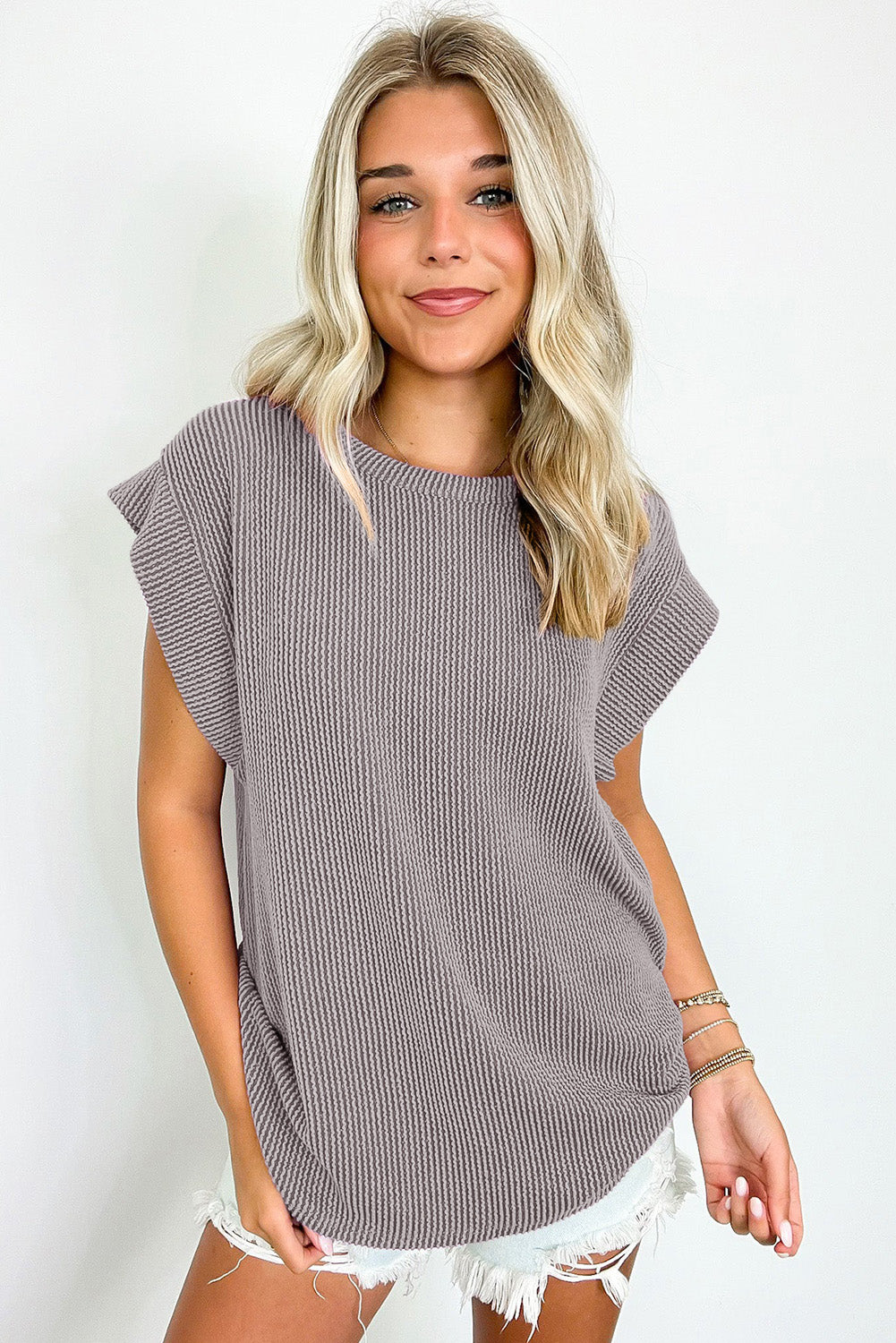 Sepia Rose Twisted Rib Wide Sleeve Crew Neck T Shirt