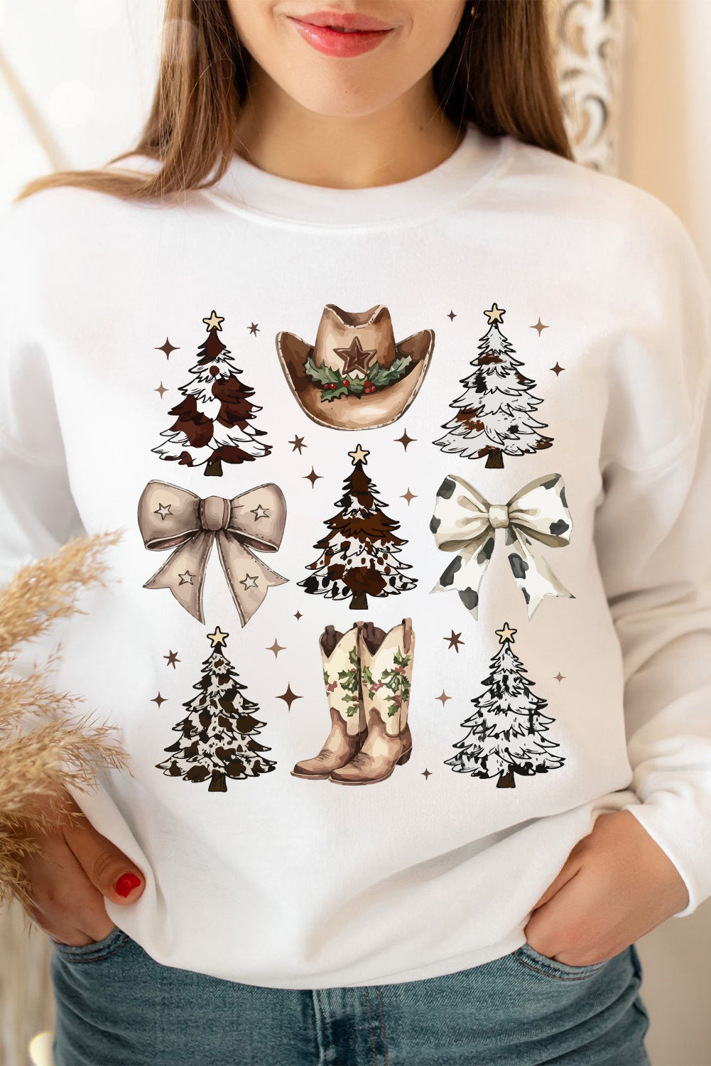 White Bow Christmas Tree Heat Transfer Printing Drop Shoulder Sweatshirt