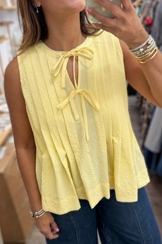 Yellow Cream Bow Tie Notched Neck Pleated Tank Top