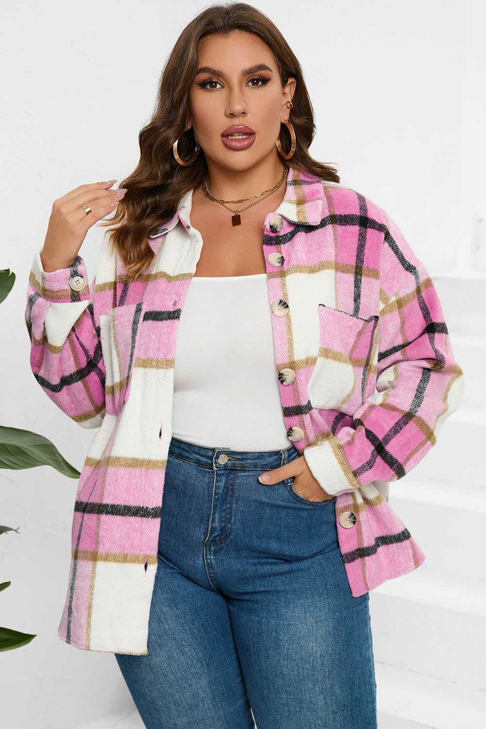 Khaki Plaid Color Block Buttoned Long Sleeve Jacket with Pocket