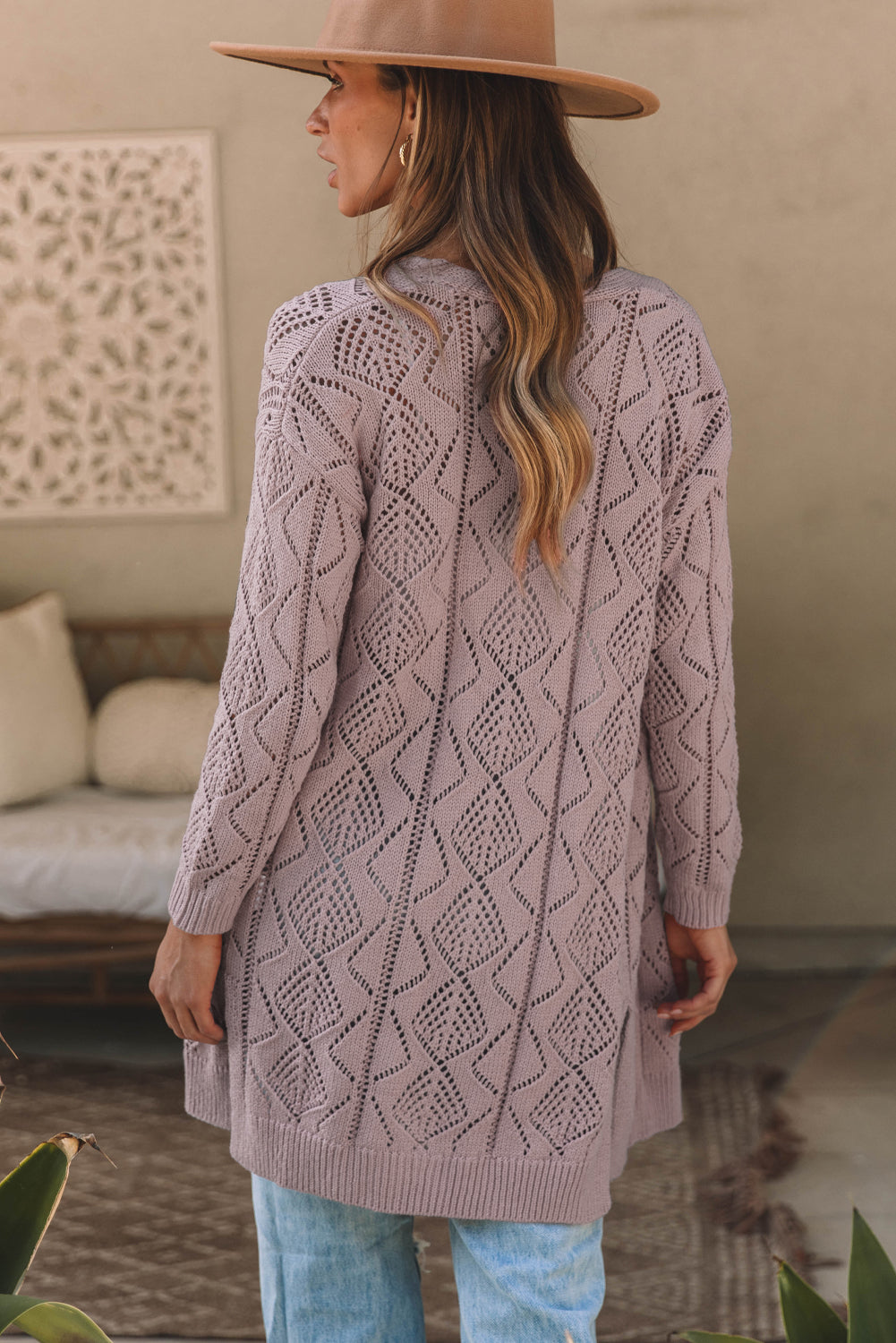 White Hollow-out Openwork Knit Cardigan