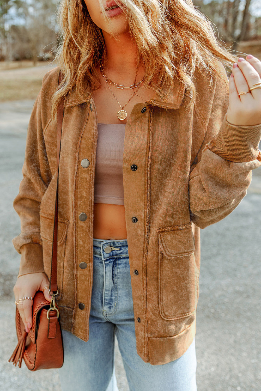 Fiery Red Vintage Washed Flap Pocket Button Shacket