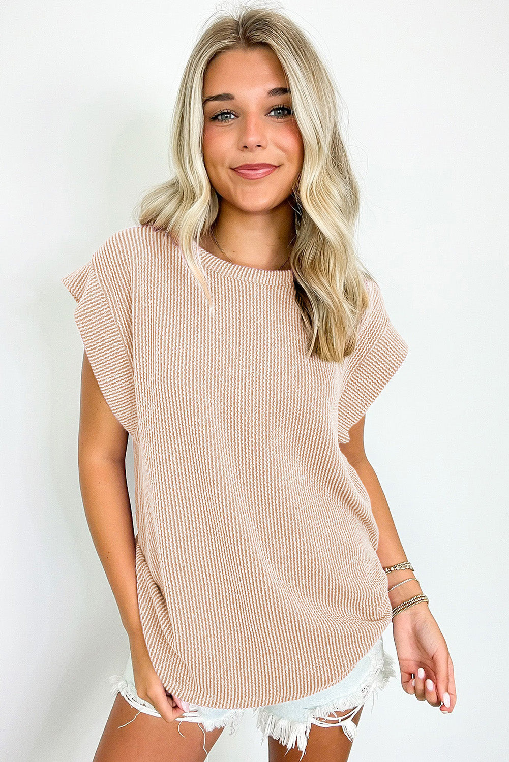 Sepia Rose Twisted Rib Wide Sleeve Crew Neck T Shirt