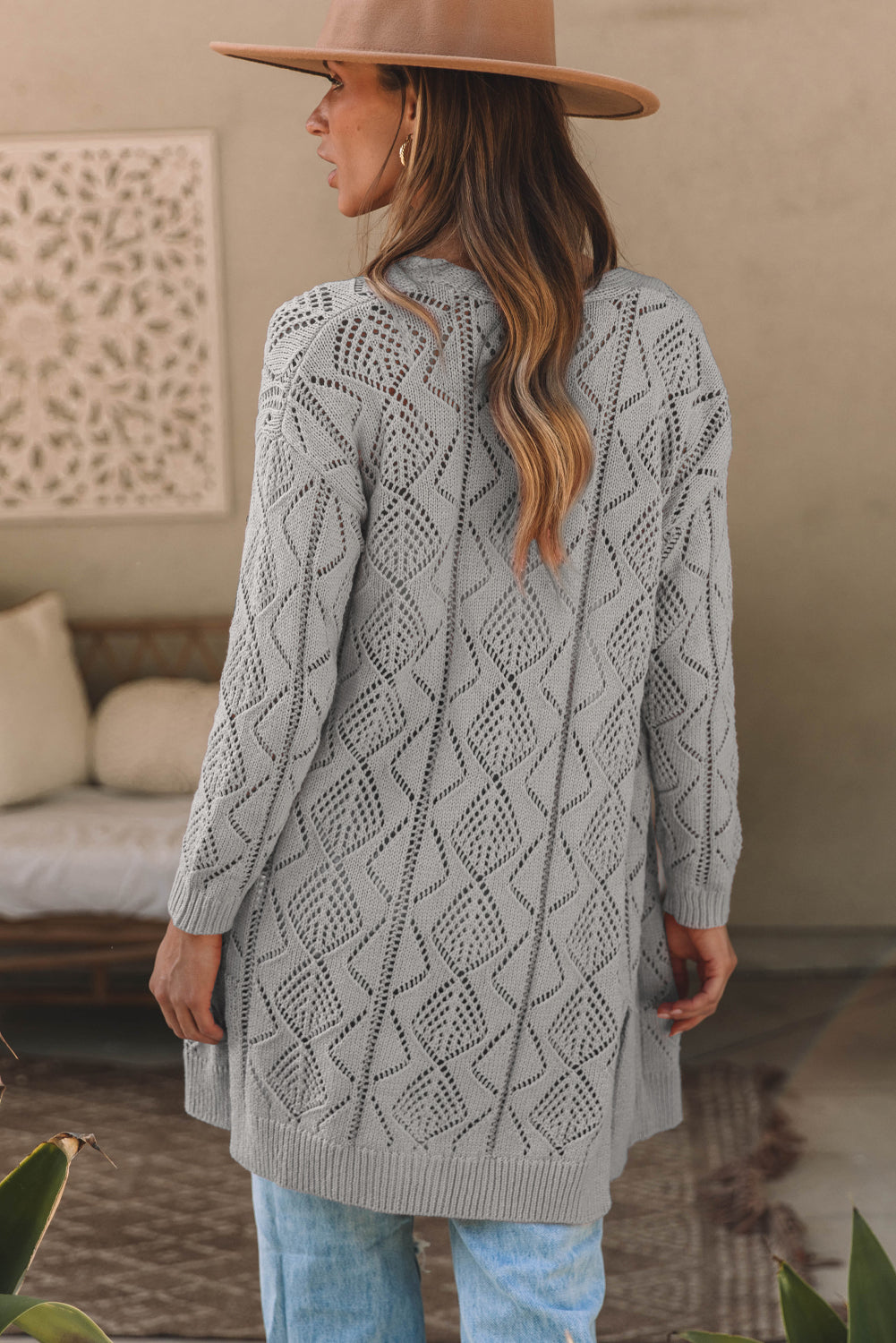 White Hollow-out Openwork Knit Cardigan