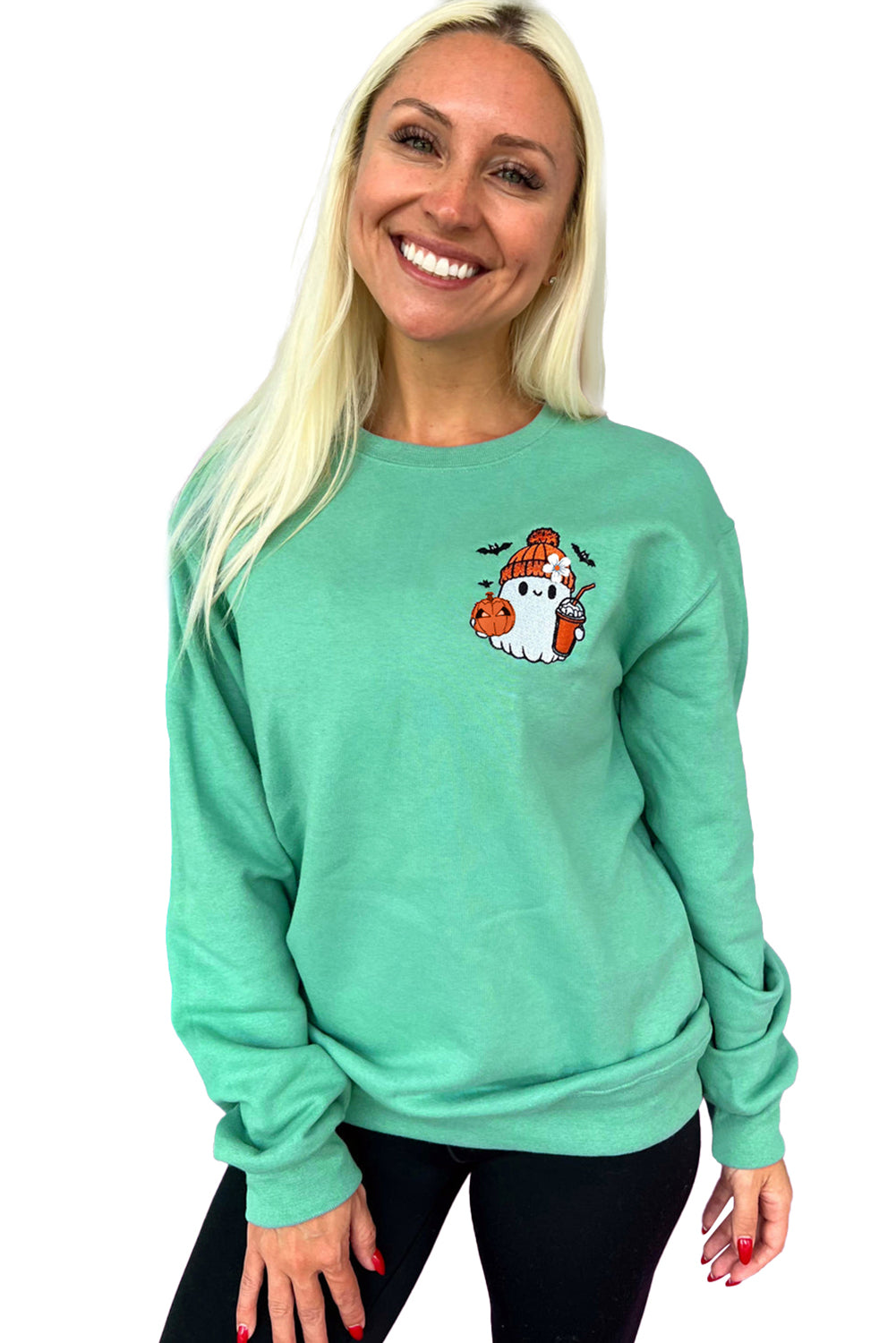 Aruba Blue Cute Halloween Ghost Embroidered Sweatshirt