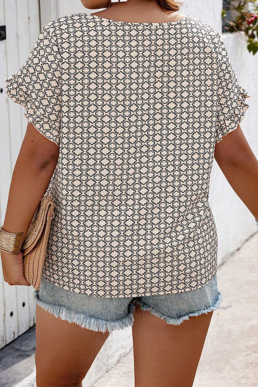 Khaki Geometric Print Frill Tulip Sleeve Plus Size Blouse