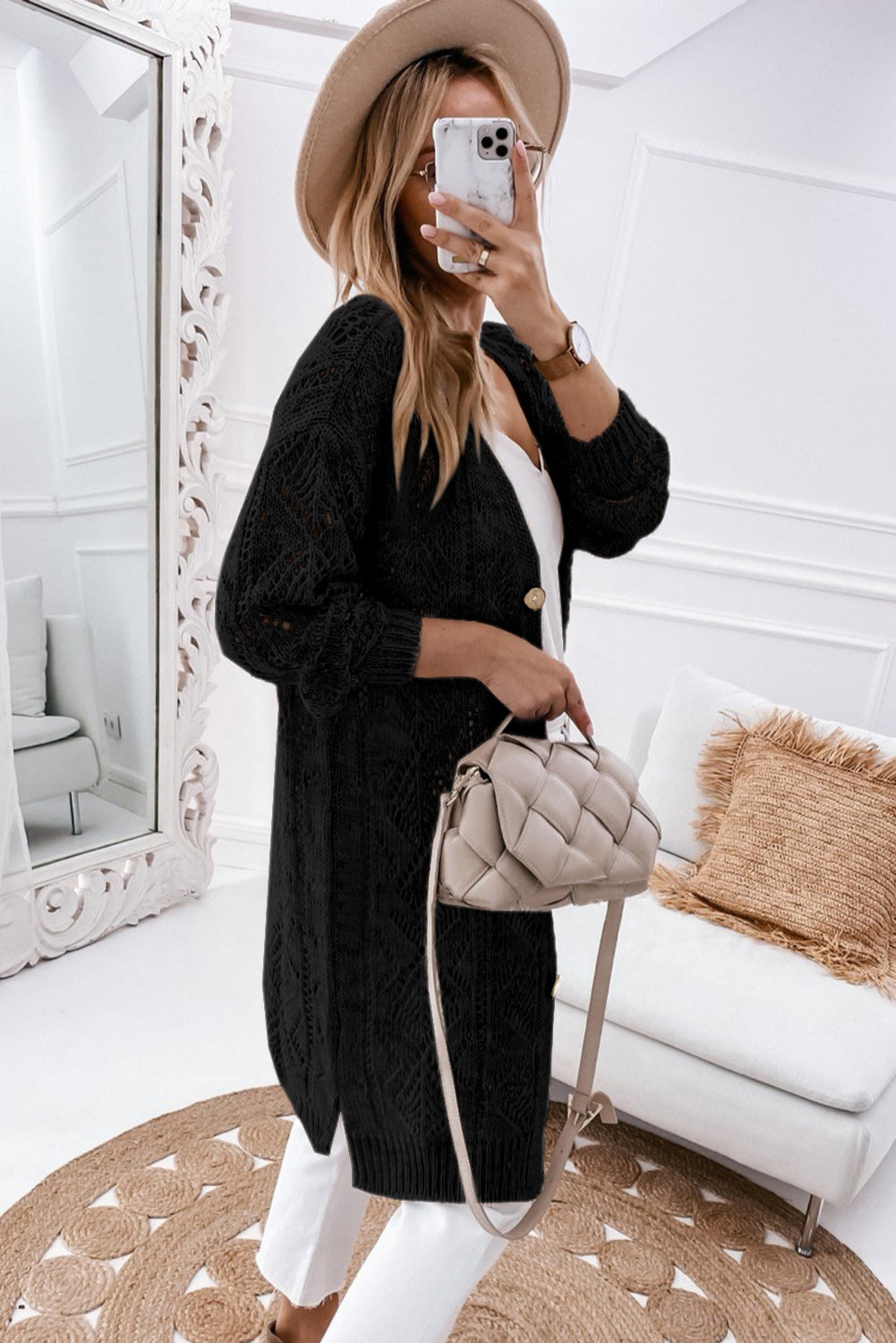 White Hollow-out Openwork Knit Cardigan
