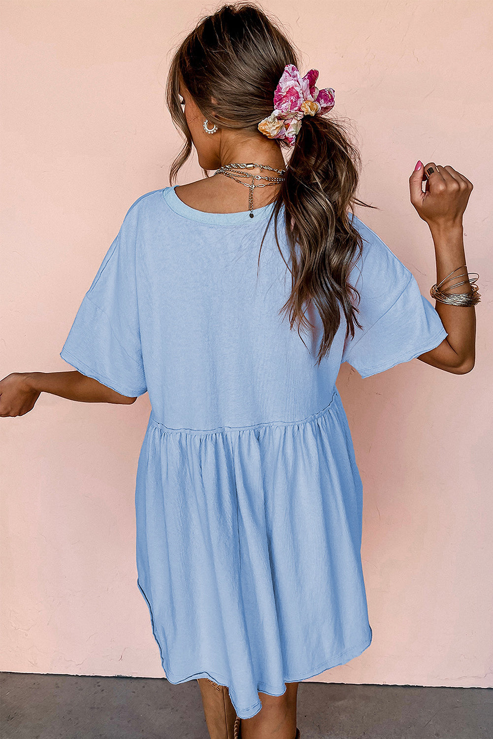 Moonlight Jade Solid Color Pocketed Raw Edge Babydoll Dress