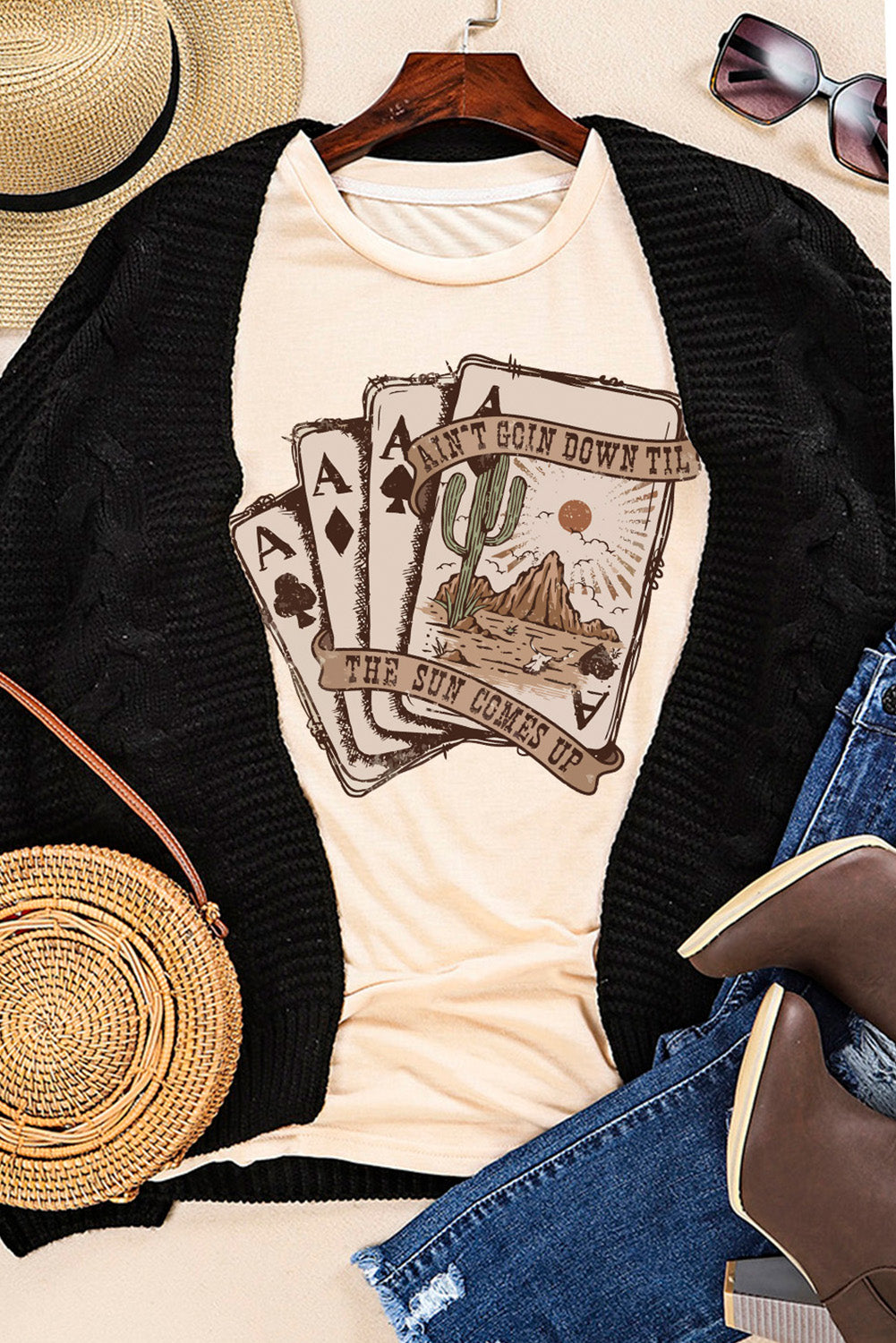 Khaki Western Poker Card Graphic T Shirt