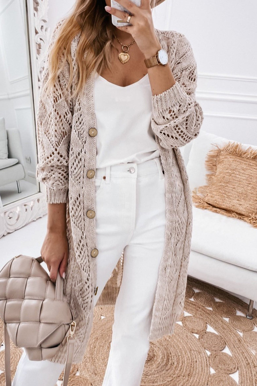 White Hollow-out Openwork Knit Cardigan
