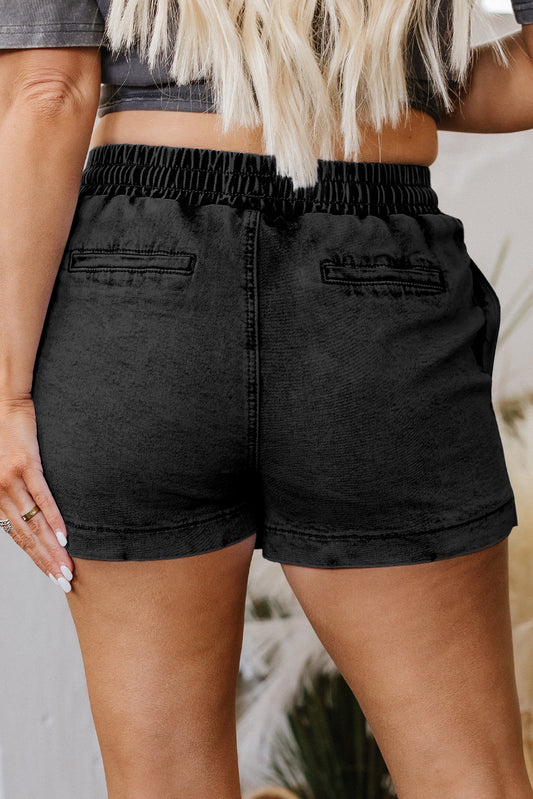 Black Drawstring High Waist Pocketed Denim Shorts