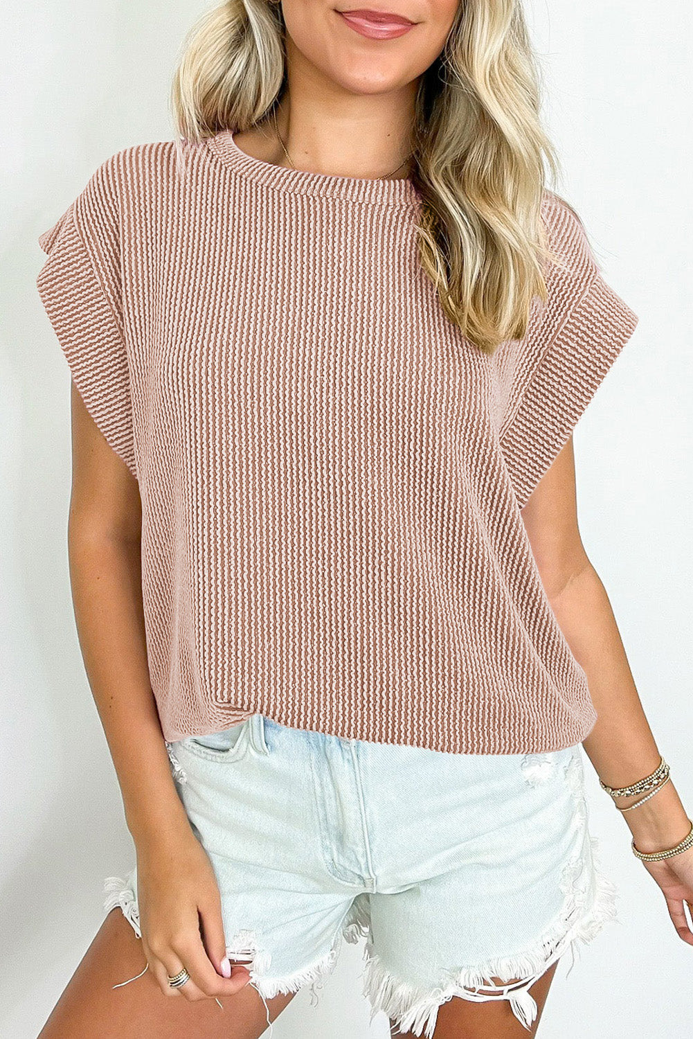 Sepia Rose Twisted Rib Wide Sleeve Crew Neck T Shirt