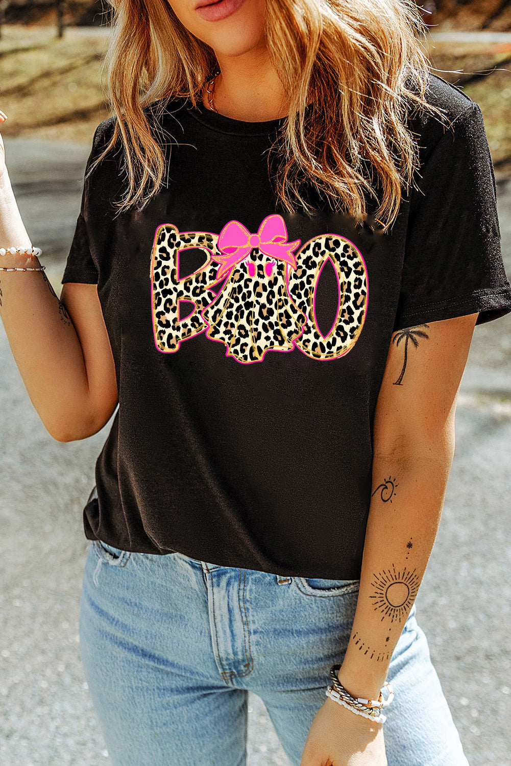 Black Leopard Ghost Boo Heat Transfer Printing Halloween T Shirt