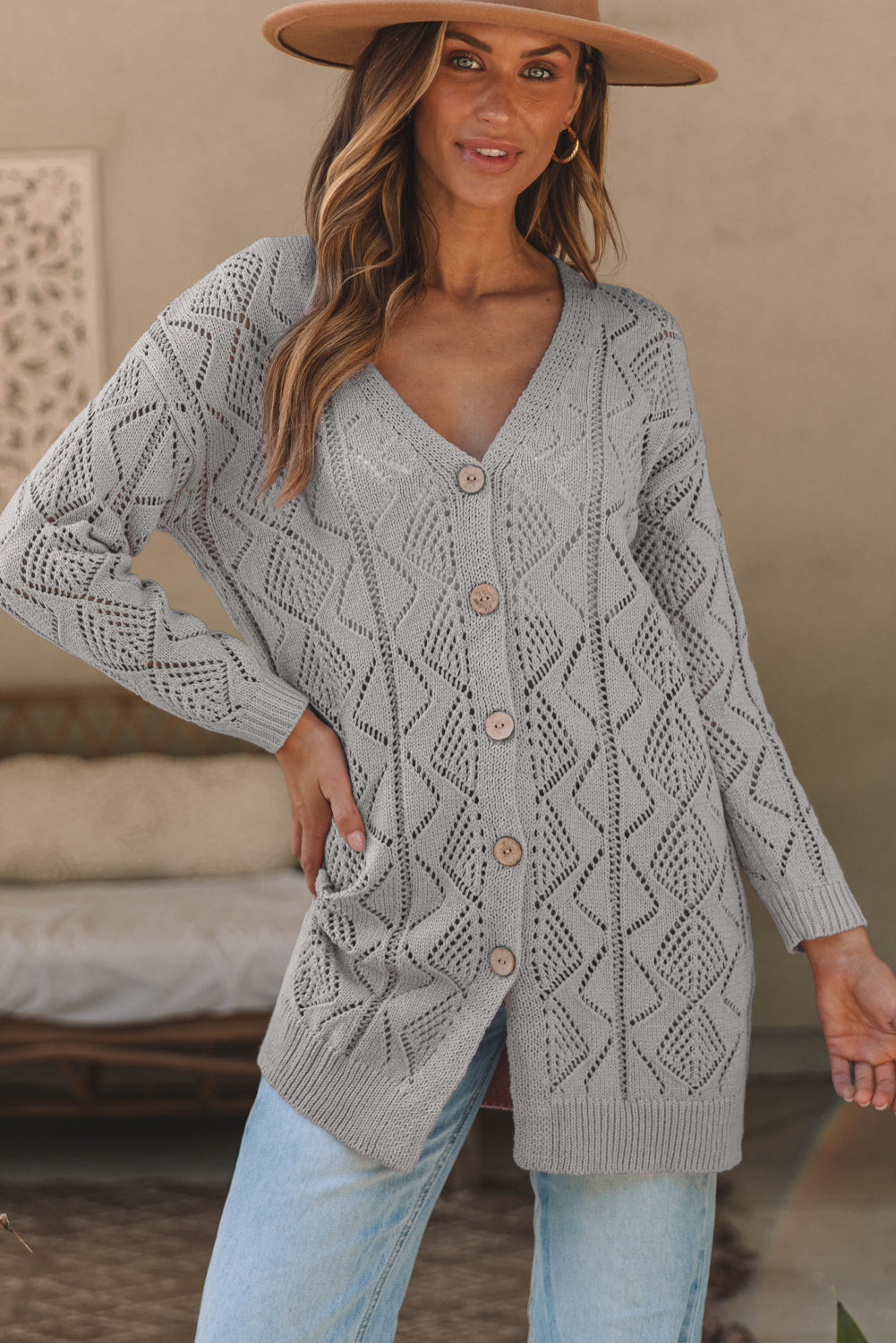 White Hollow-out Openwork Knit Cardigan