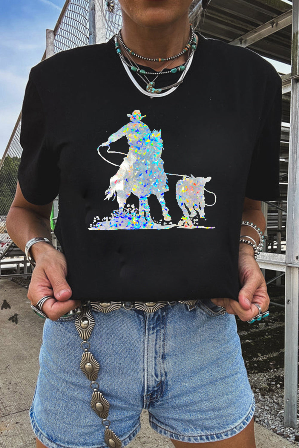 Black Western Cowboy Graphic Crewneck Tee