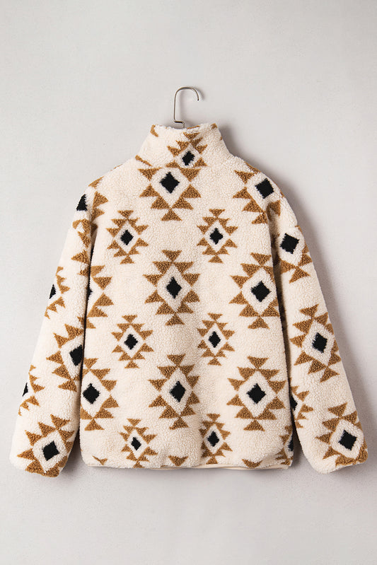 Khaki Aztec Print Sherpa Quarter Zip Collar Sweatshirt