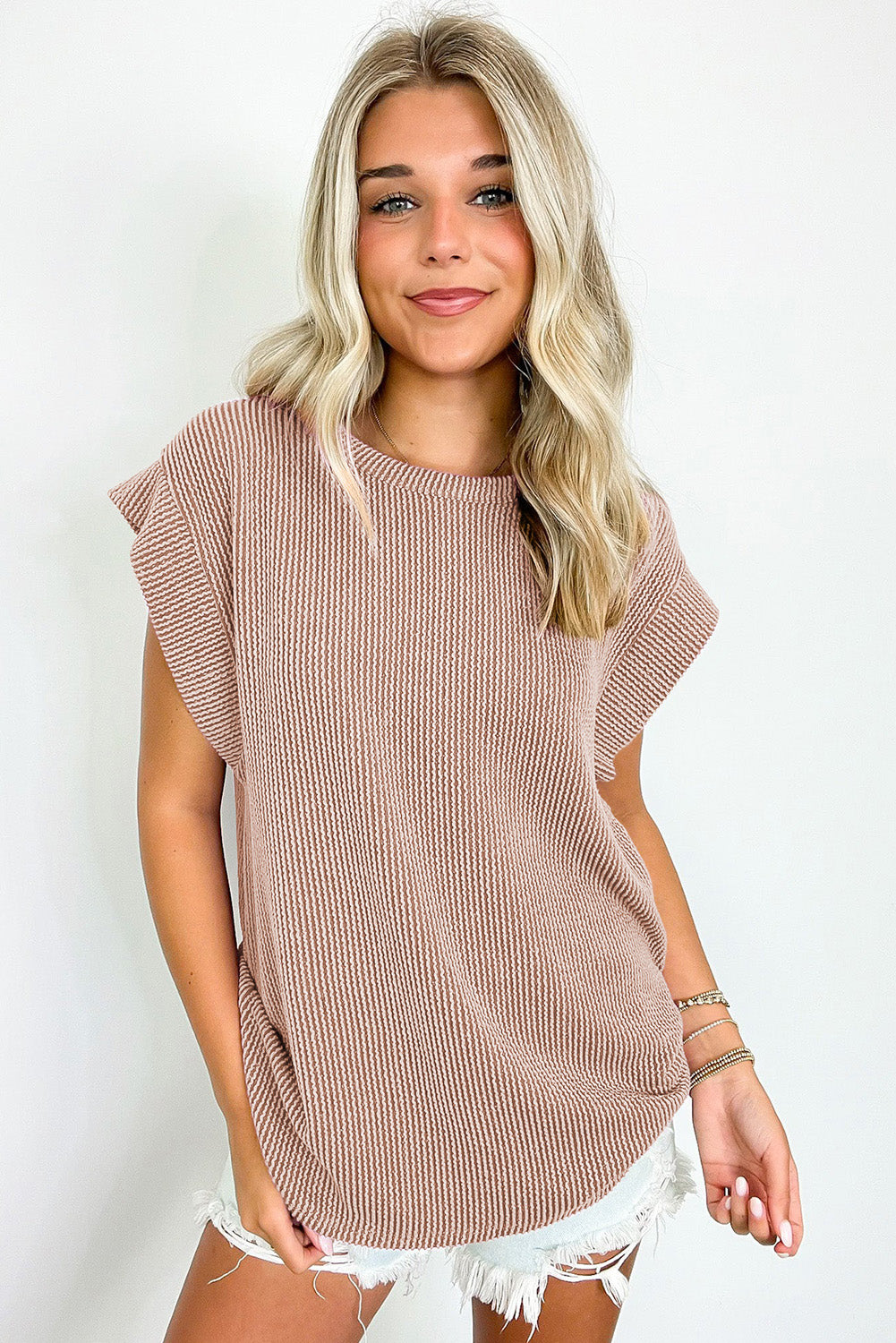 Sepia Rose Twisted Rib Wide Sleeve Crew Neck T Shirt
