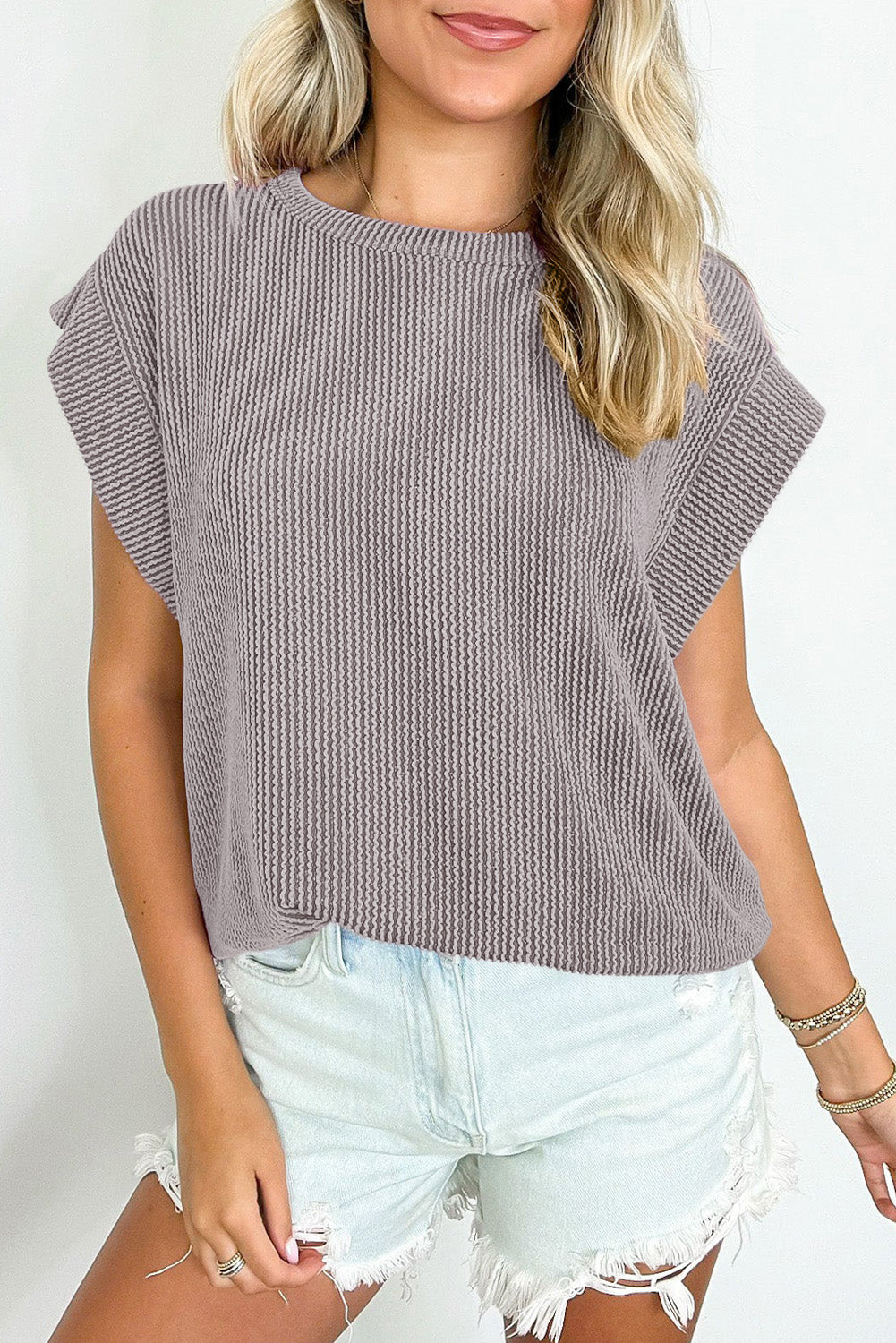 Sepia Rose Twisted Rib Wide Sleeve Crew Neck T Shirt