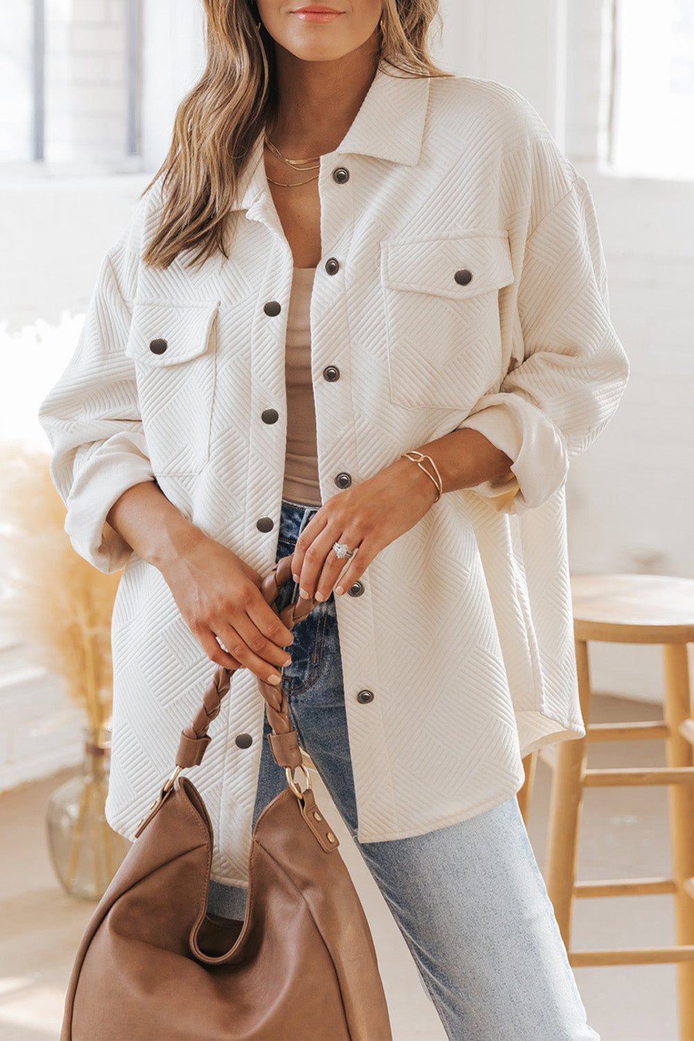 Gray Solid Textured Flap Pocket Buttoned Shacket