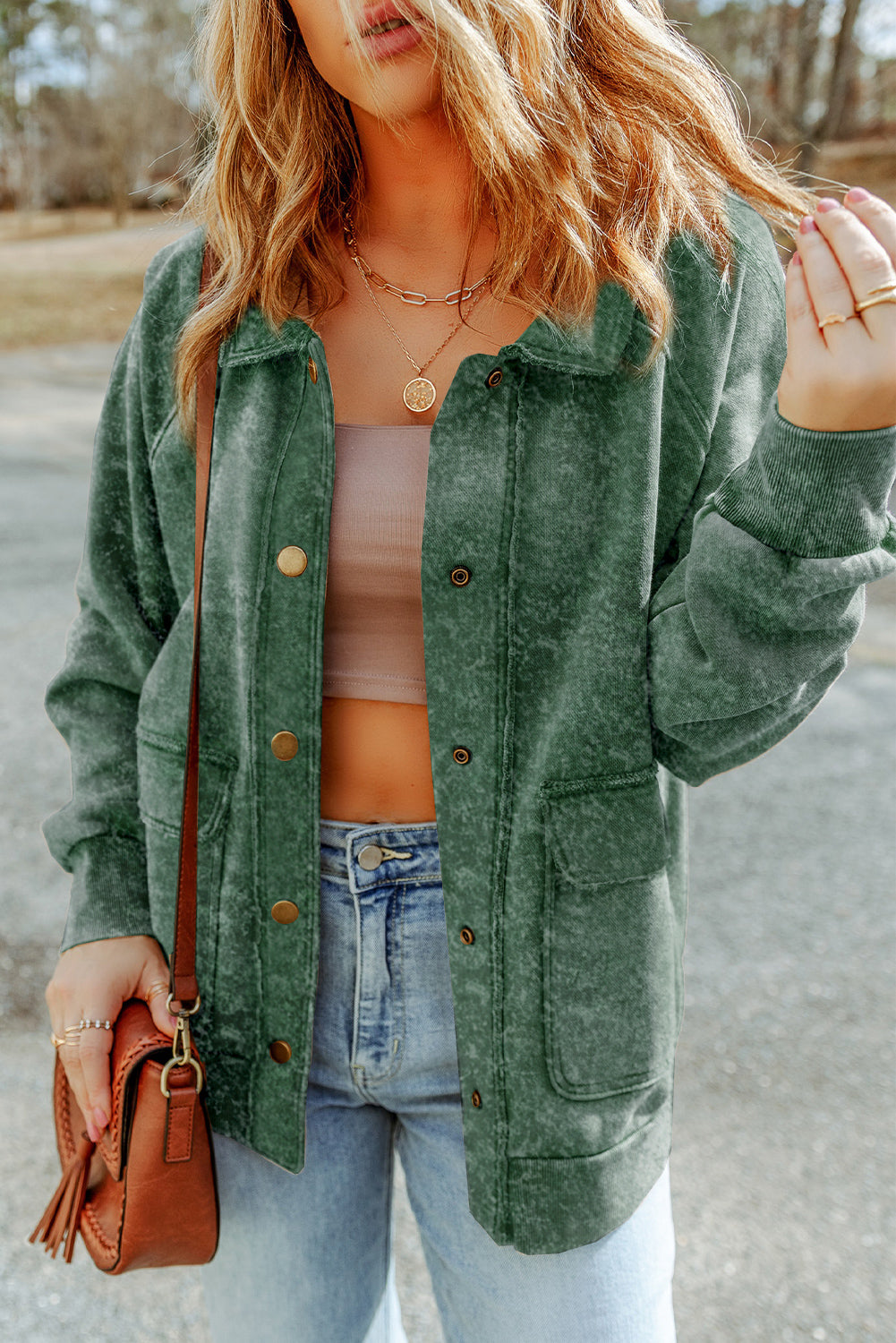 Fiery Red Vintage Washed Flap Pocket Button Shacket