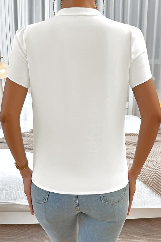 White Silky Notched Neckline Petal Sleeve Blouse