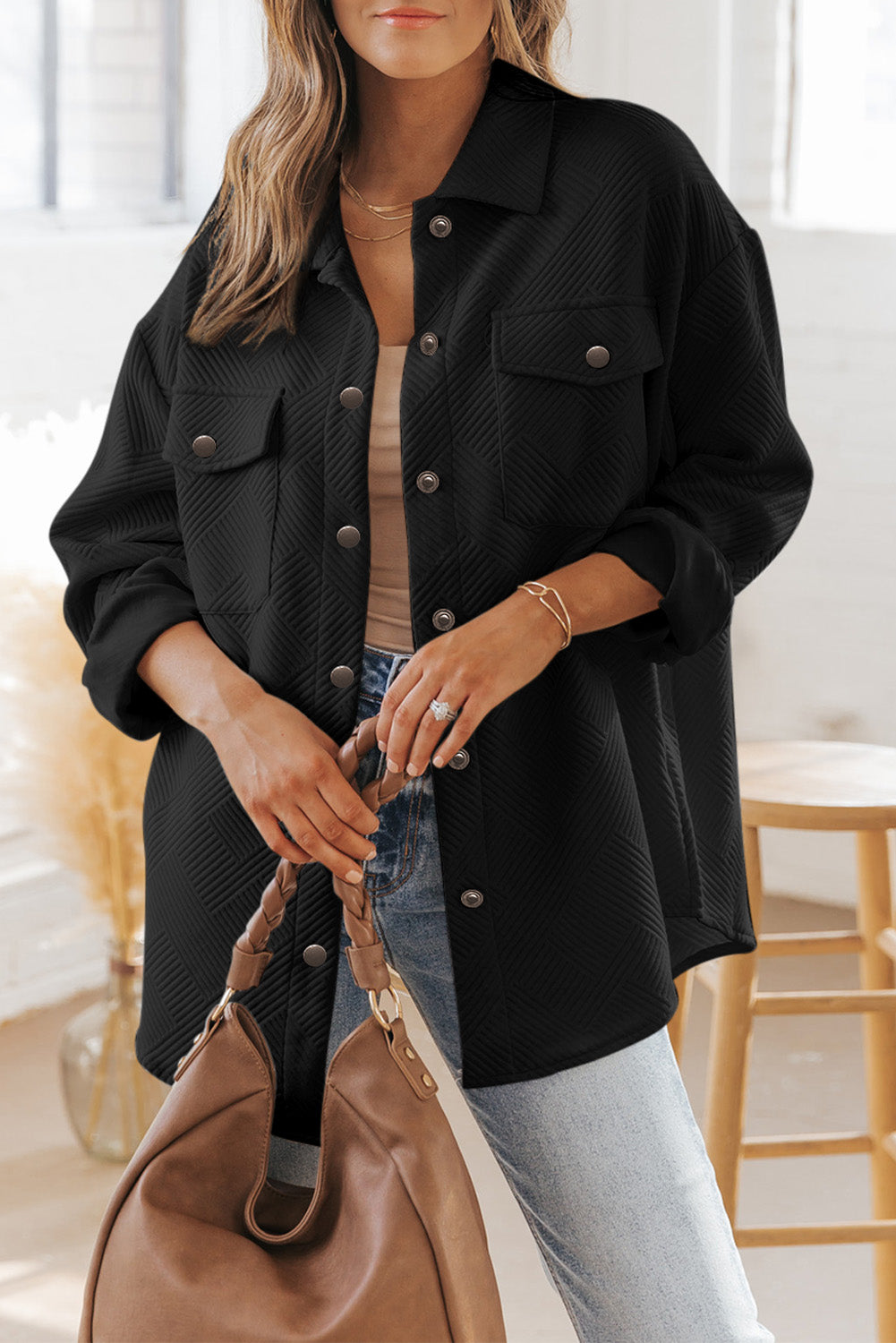 Gray Solid Textured Flap Pocket Buttoned Shacket