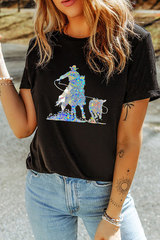 Black Western Cowboy Graphic Crewneck Tee