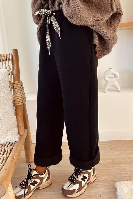 Black Leopard Drawstring Winter Fleece Pants