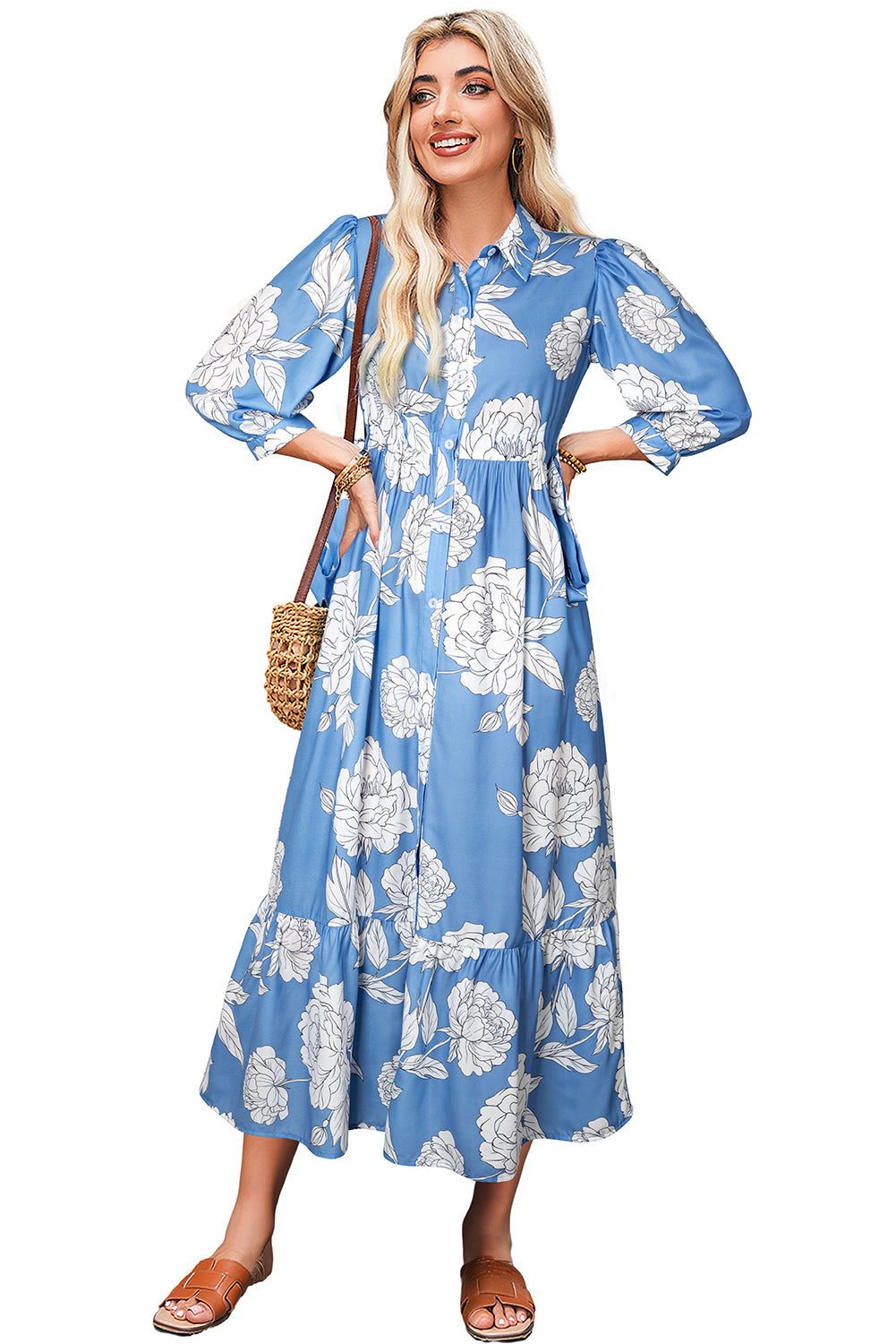 Sky Blue Floral Print Puff Sleeve Collared Dress