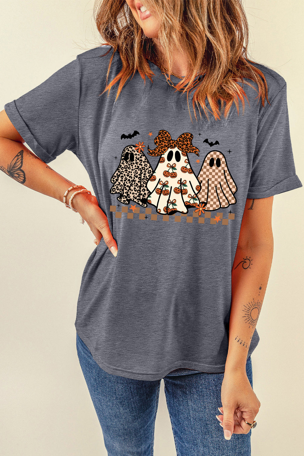 Gray Cute Halloween Ghost Heat Transfer Printing Casual Tee