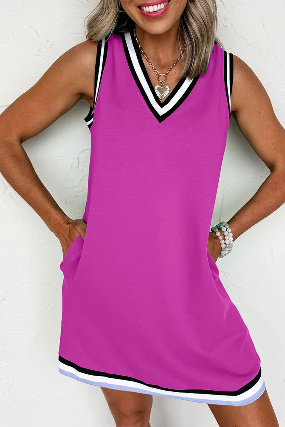 Mint Green Color Contrast Trim V Neck Shift Sleeveless Mini Dress
