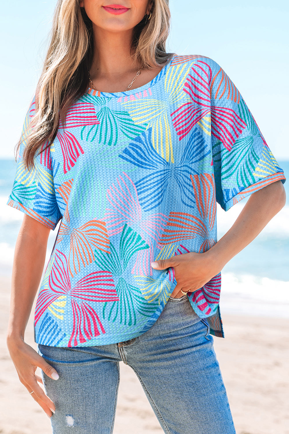 Multicolour Bowknot Printed Waffle Crewneck Loose Short Sleeve Top
