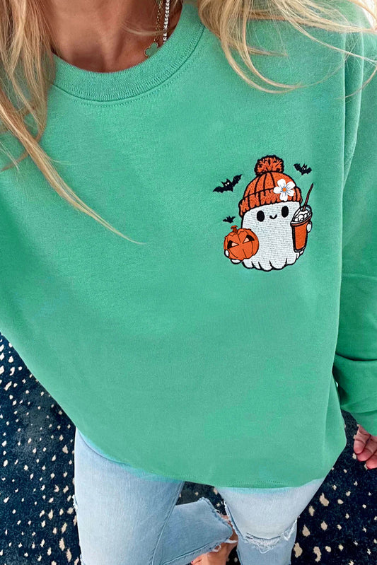 Aruba Blue Cute Halloween Ghost Embroidered Sweatshirt