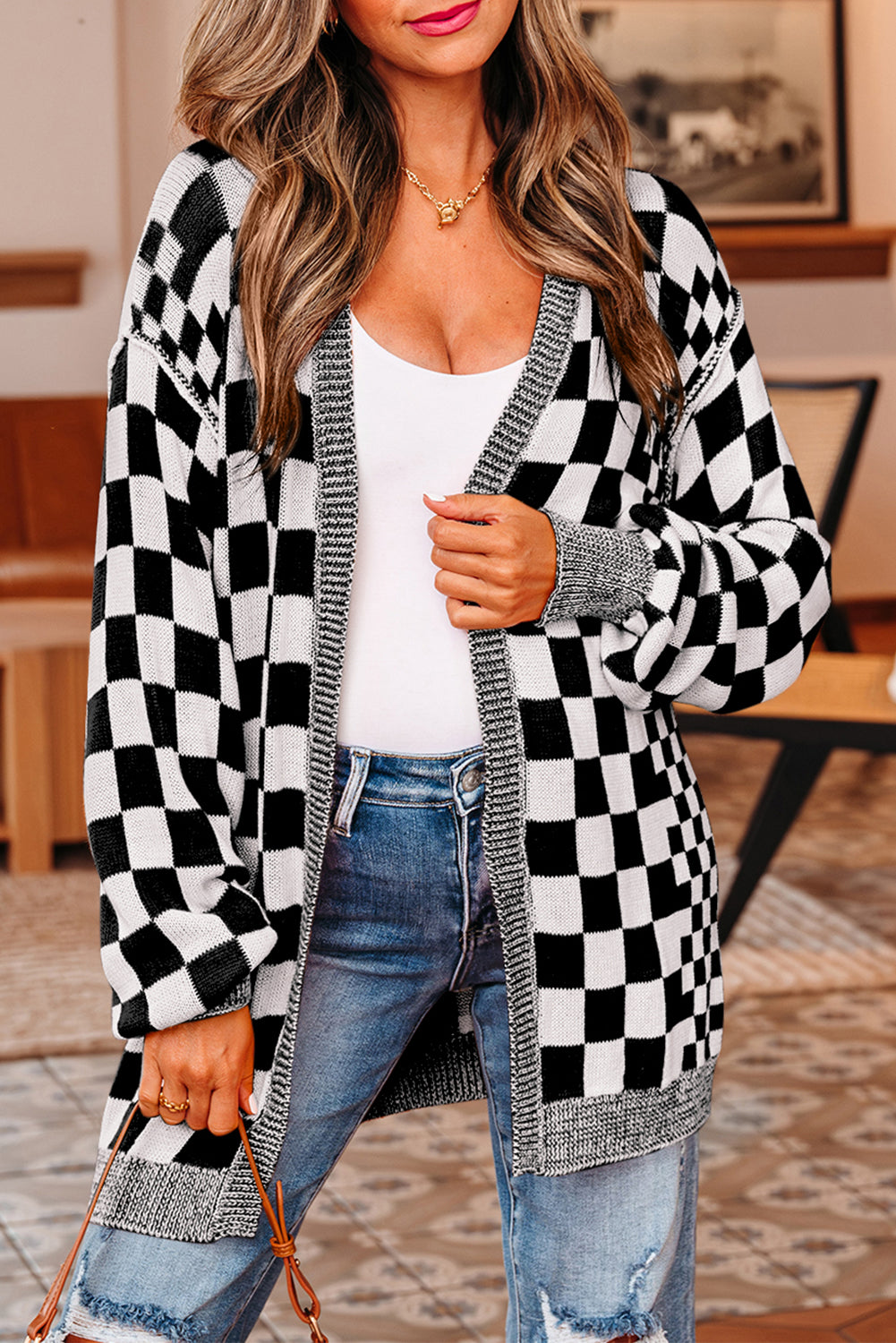 Orange Checkered Open Front Drop Shoulder Cardigan