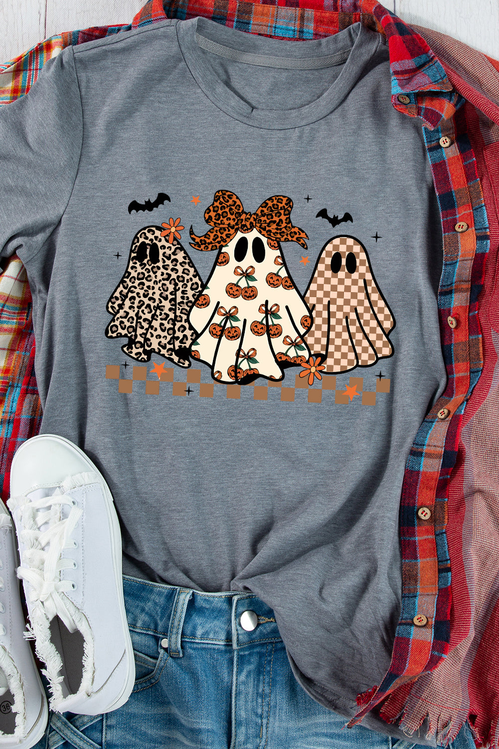 Gray Cute Halloween Ghost Heat Transfer Printing Casual Tee