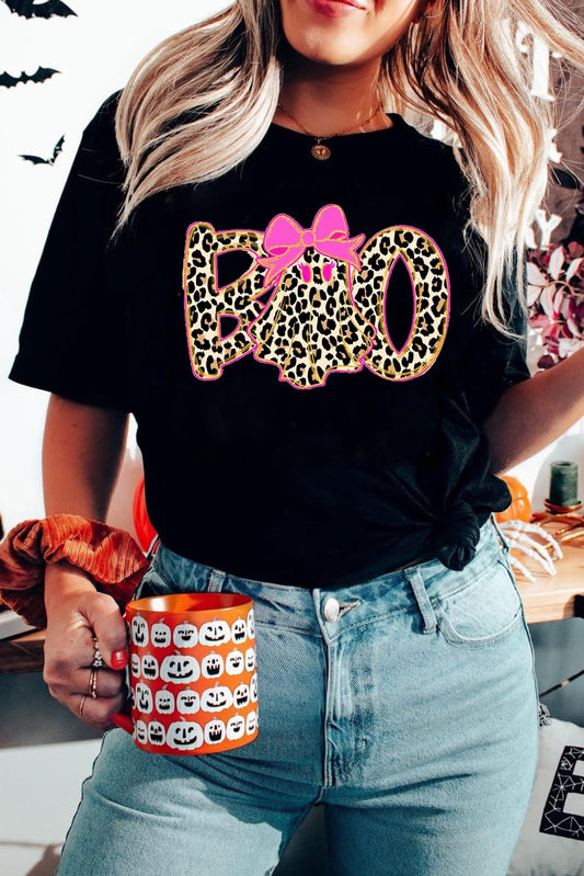 Black Leopard Ghost Boo Heat Transfer Printing Halloween T Shirt