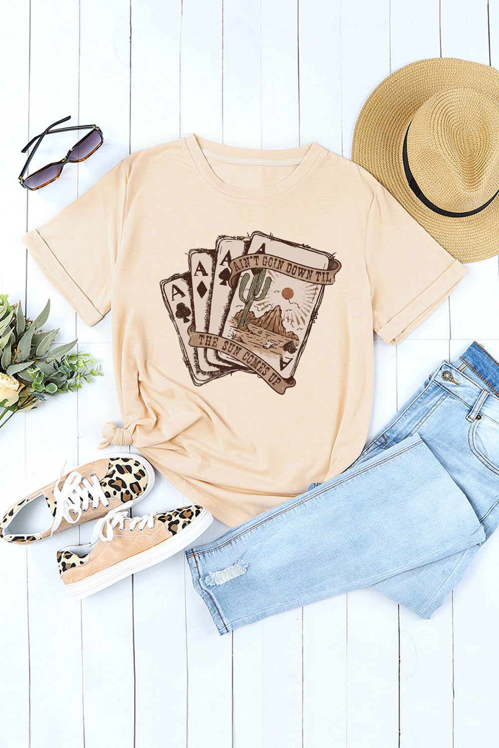 Khaki Western Poker Card Graphic T Shirt