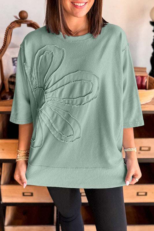 Clearly Aqua Floral Patched Half Sleeve Tunic Top