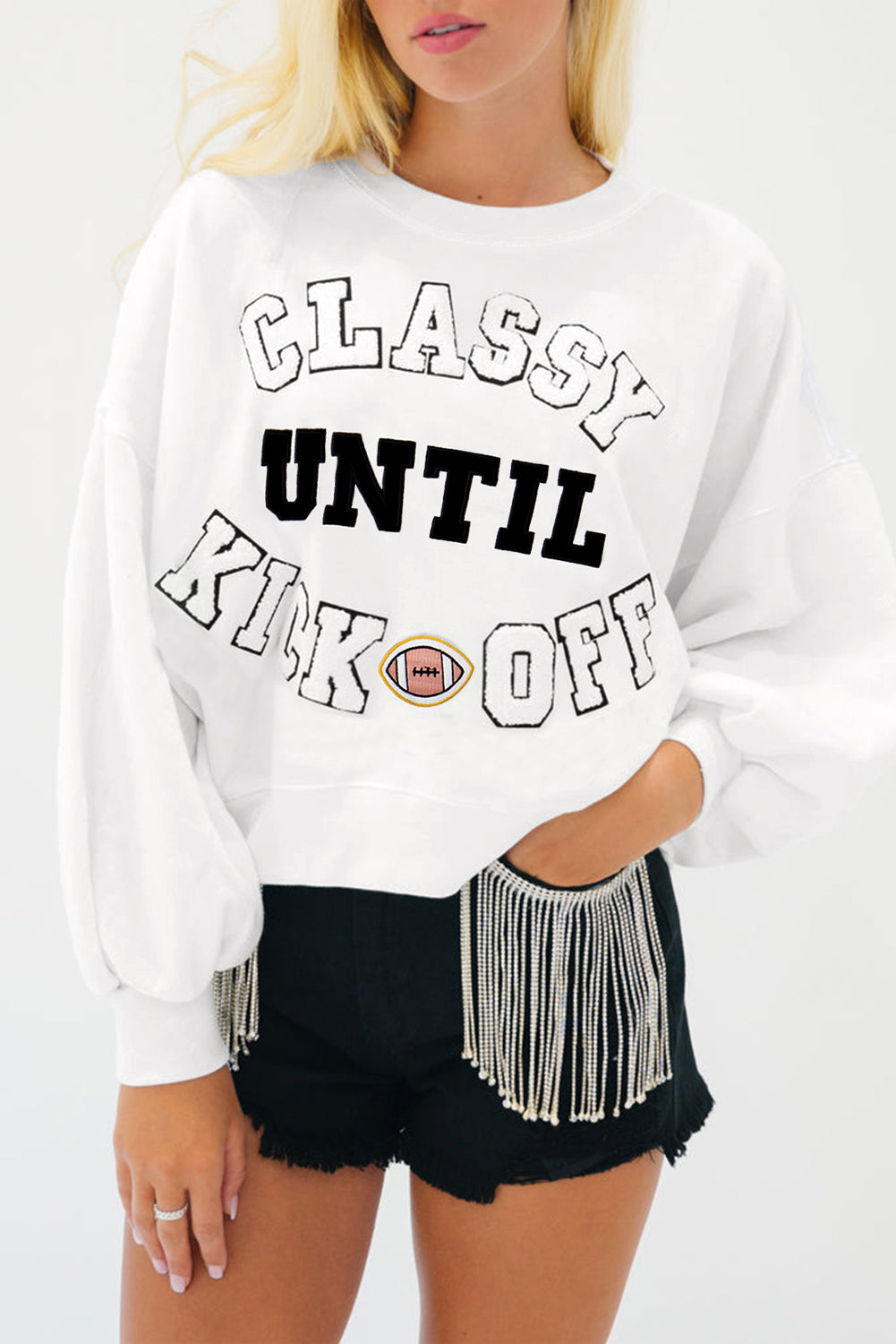 White CLASSY UNTIL KICKOFF Letter Graphic Loose Sweatshirt