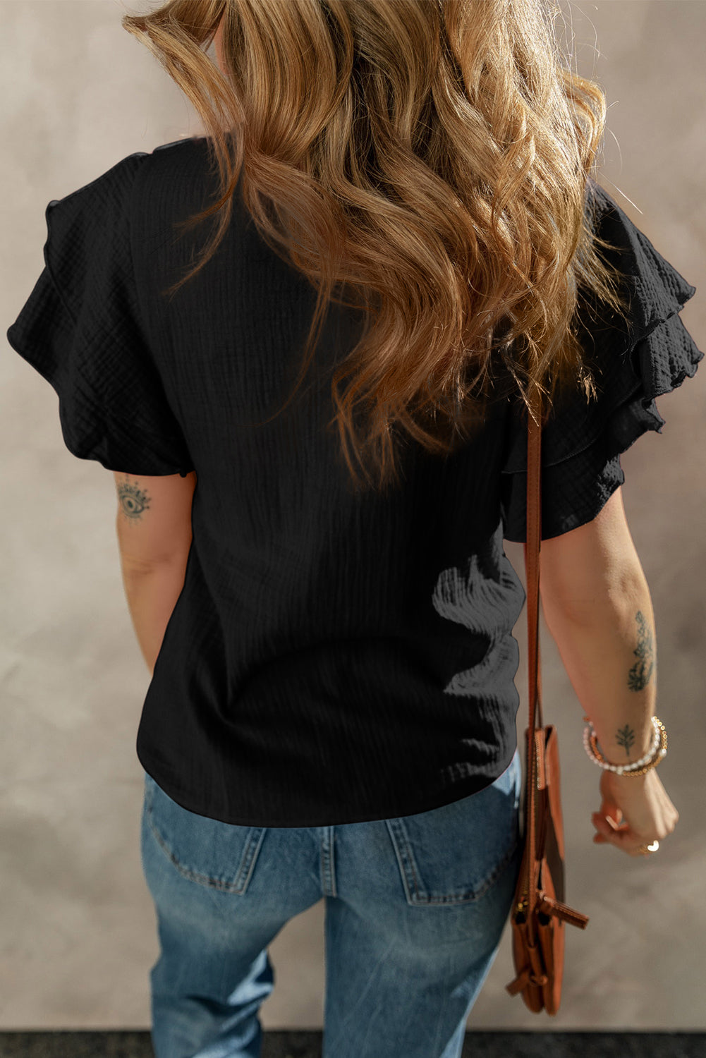 Light Pink Crinkled Cotton Gauze Ruffle Sleeve Blouse