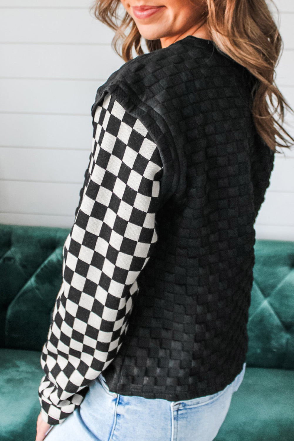 Black Plaid Textured Checkered Patchwork Long Sleeve Top