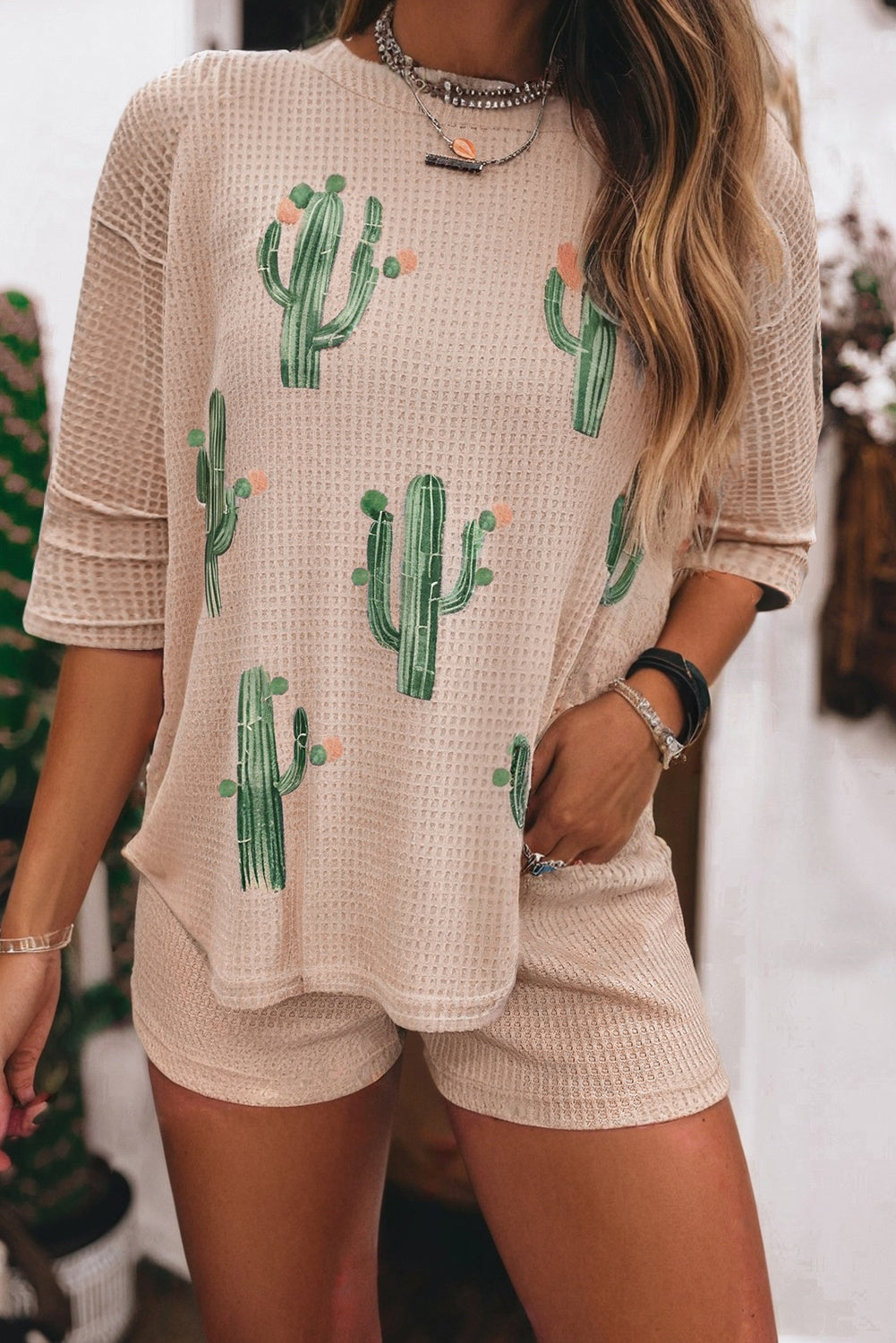 Light French Beige Cactus Forest Waffle Half Sleeve Tee Short Set